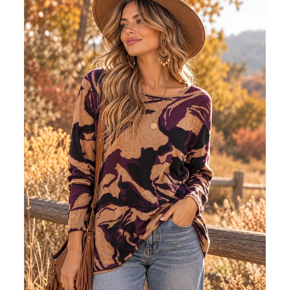 51 Soft Surroundings Abstract Floral Sweater – Purple & Tan – Size S